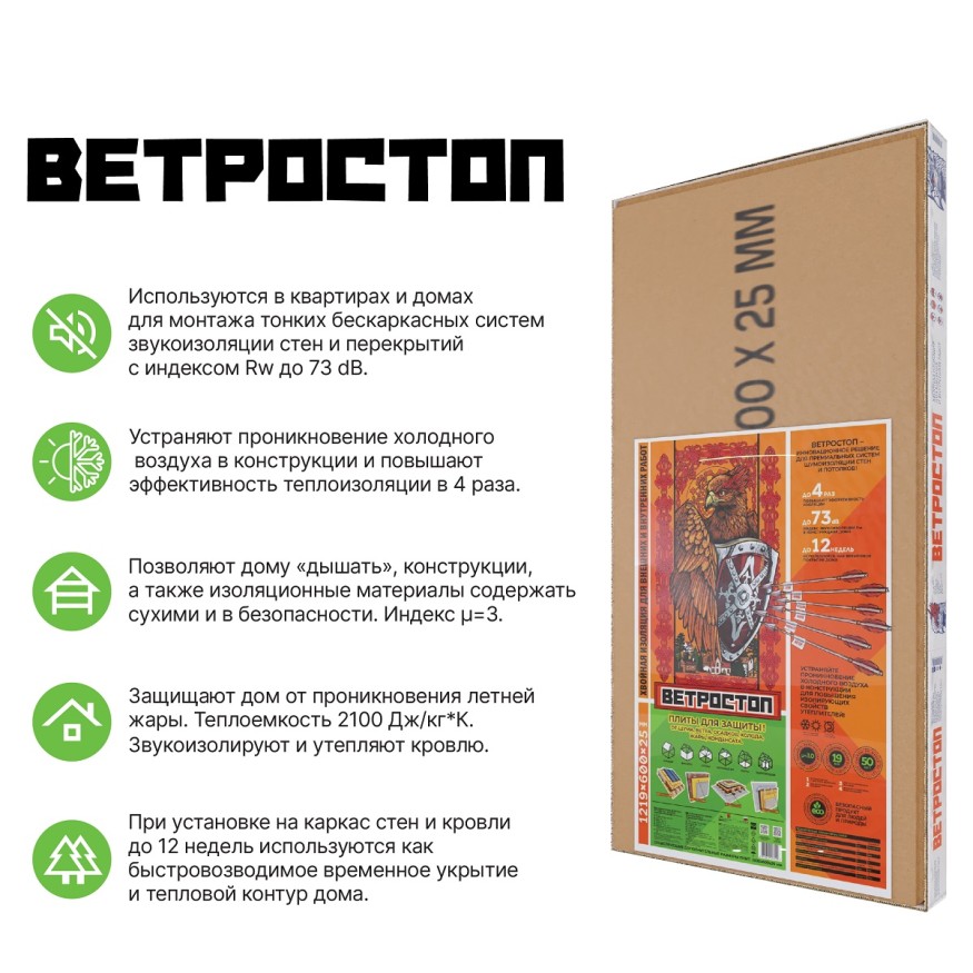 Ветрозащитная шумоизоляционная панель ВЕТРОСТОП 2500х600х25 мм с шип-пазом 19 мм купить в Твери
