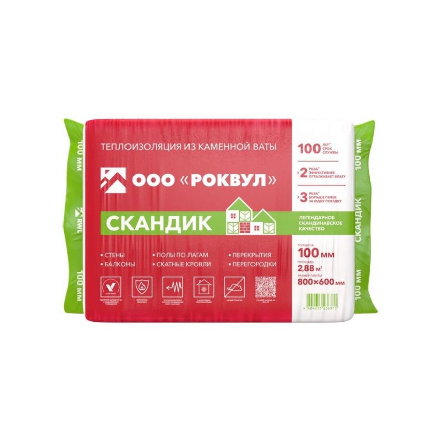 Утеплитель Роквул Скандик 100мм, 6 плит, 2.88м2, 600х800мм, 0.288м3 Rockwool купить в Твери