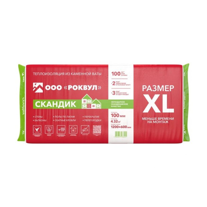 Утеплитель Роквул Скандик XL 100мм, 6 плит, 4.32м2, 600х1200мм, 0.432м3 Rockwool купить в Твери